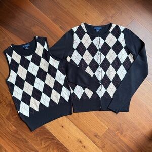 Ann Taylor Argyle Cardigan and Vest Set 100% silk